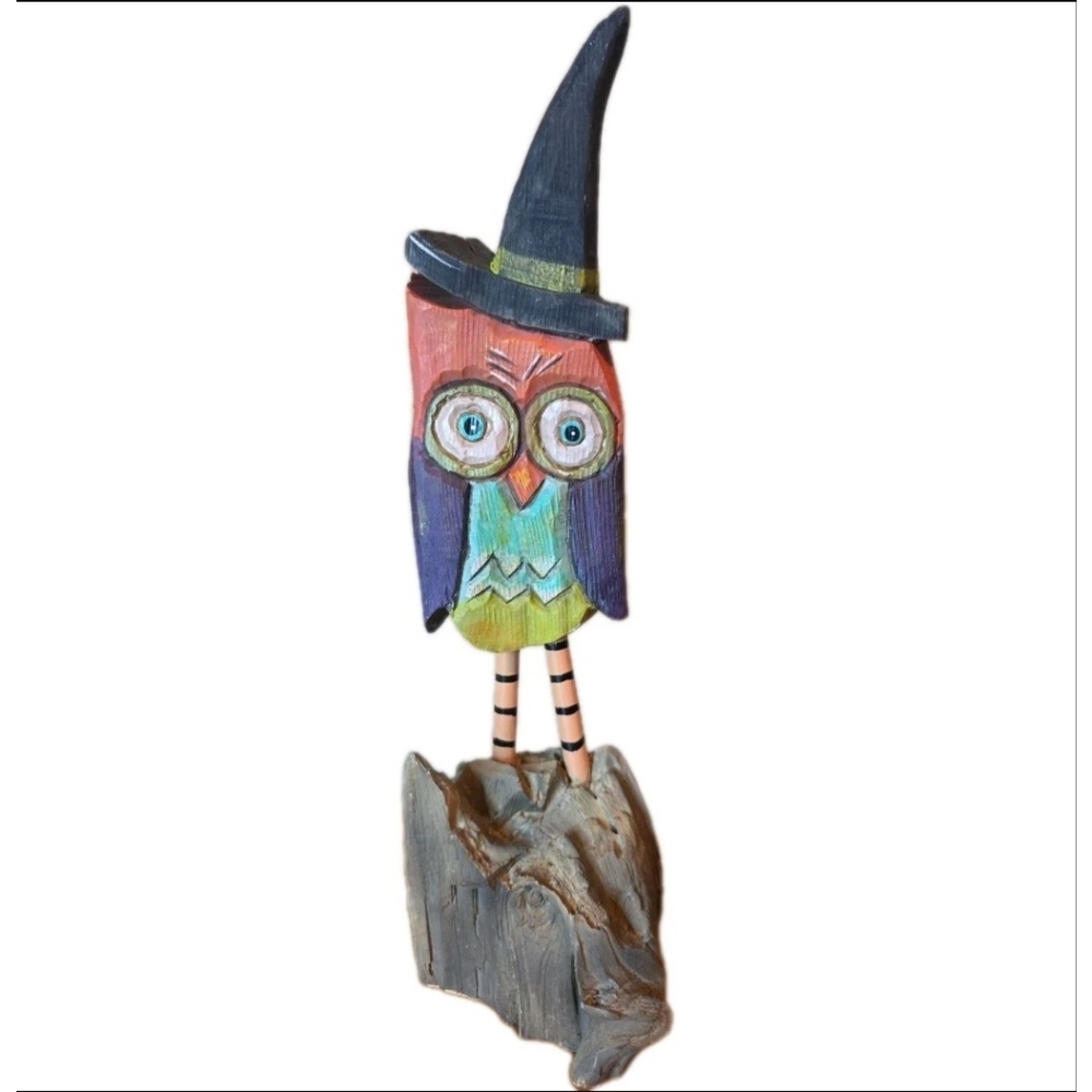 Whimsy Creations Colorful Wooden Carved OWL W/ Witch HAT 2015 Laura Benge 14.5"